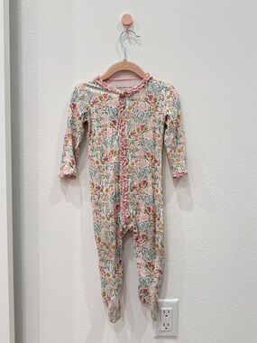 Magnetic Me Pink Floral Ruffle-Trim Footed One-Piece